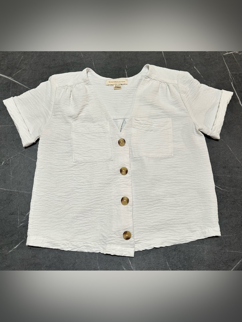 Moss & Spy Cream Button-Front Textured Pocket Top